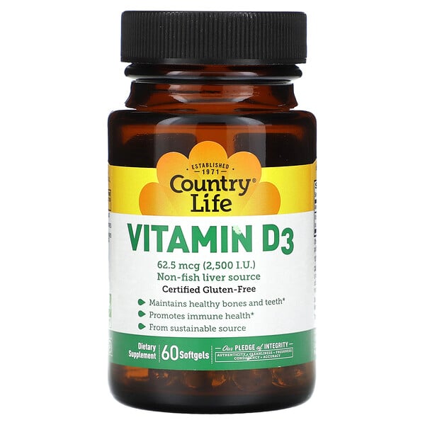 Витамин D3 - 62.5 мкг (2500 МЕ) - 60 мягких капсул - Country Life Country Life