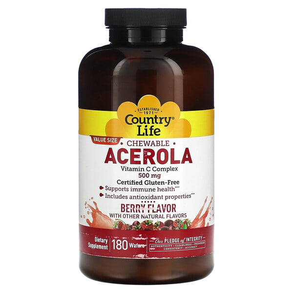 Жевательные таблетки ацерола, комплекс витамина С, ягоды, 500 мг, 180 вафель Country Life