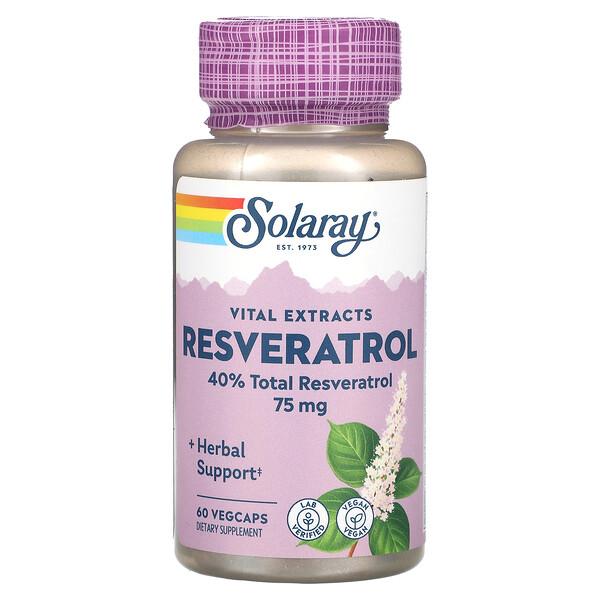 Жизненно важные экстракты, ресвератрол, 75 мг, 60 растительных капсул Solaray