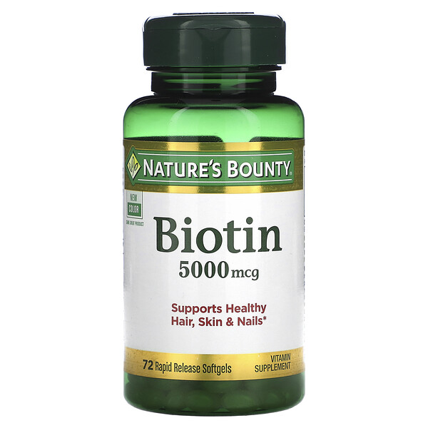 Биотин, 5000 мкг, 72 мягкие таблетки быстрого высвобождения Nature's Bounty