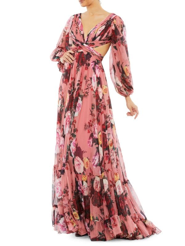 Платье с драпировкой и завязкой на спине с цветочным принтом MAC DUGGAL
