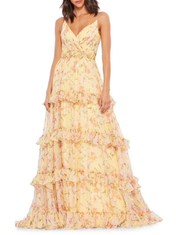 Многоярусное платье с цветочным принтом и рюшами MAC DUGGAL