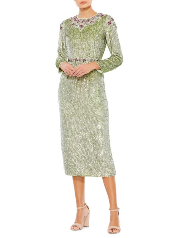 Платье миди с цветочным принтом и пайетками, расшитое бисером MAC DUGGAL