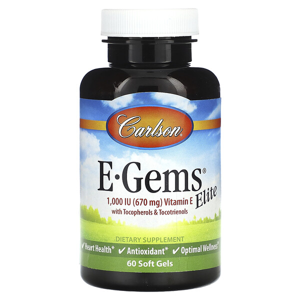 E-Gems Elite, Витамин Е с токоферолами и токотриенолами, 670 мг (1000 МЕ), 60 мягких таблеток Carlson