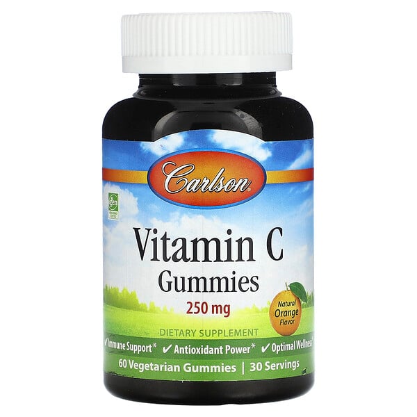 Vitamin C Gummies (Жевательные конфеты), Natural Orange, 250 mg, 60 Vegetarian Gummies (125 mg per Gummy) Carlson