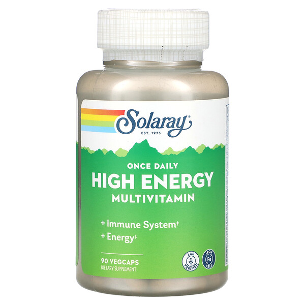 Один раз в день, Высокоэнергетические мультивитамины, без железа, 90 растительных капсул Solaray