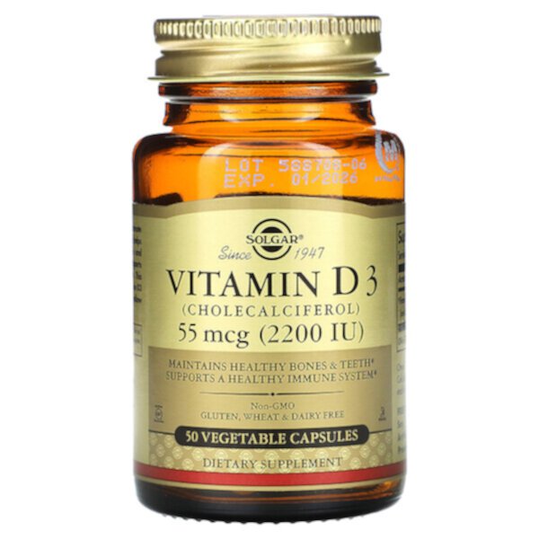 Витамин D3, 55 мкг (2200 МЕ), 50 растительных капсул Solgar
