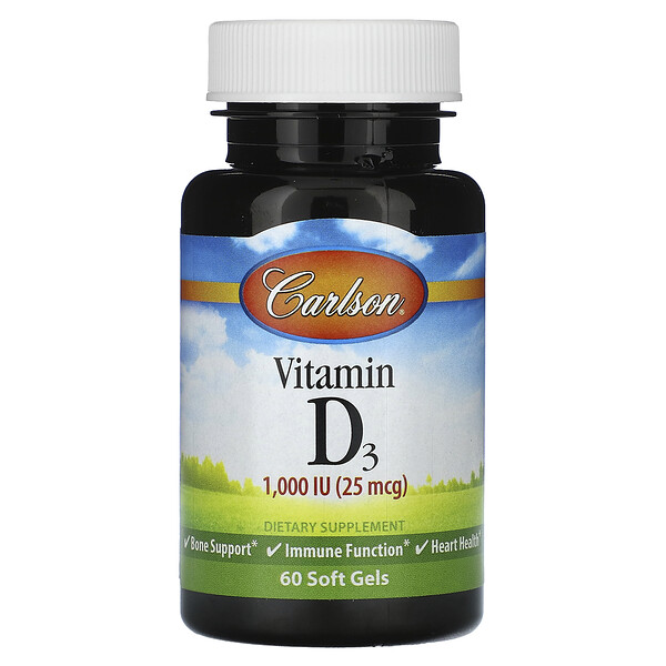 Витамин D3, 25 мкг (1000 МЕ), 60 мягких таблеток Carlson