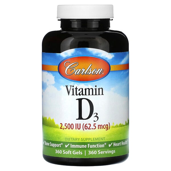 Vitamin D3, 62.5 mcg (2,500 IU), 360 Soft Gels (Мягкие капсулы) Carlson