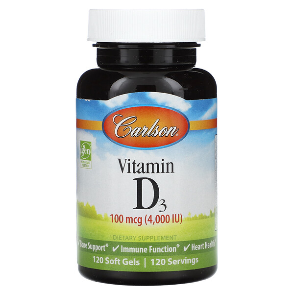 Витамин D3, 100 мкг (4000 МЕ), 120 мягких таблеток Carlson