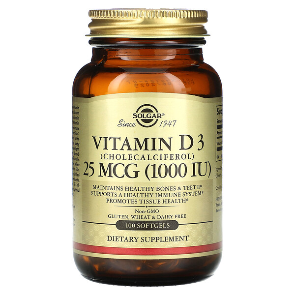 Витамин D3 (холекальциферол), 25 мкг (1000 МЕ), 100 мягких таблеток Solgar