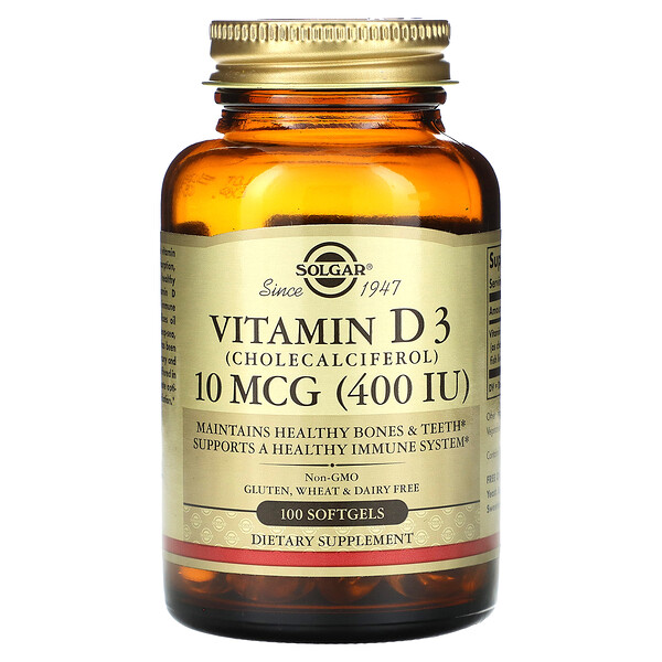Витамин D3 (холекальциферол), 10 мкг (400 МЕ), 100 мягких таблеток Solgar