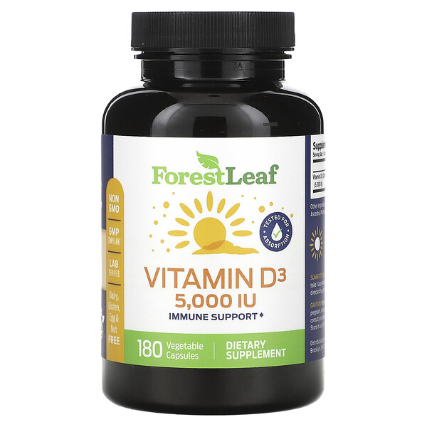 Витамин D3, 125 мкг (5000 МЕ), 180 растительных капсул Forest Leaf