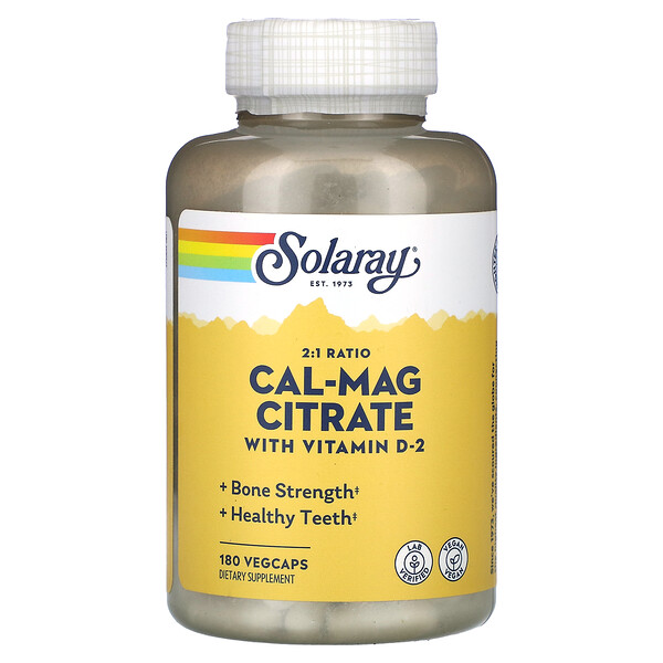 Цитрат Cal-Mag с витамином D-2, соотношение 2:1, 180 растительных капсул Solaray
