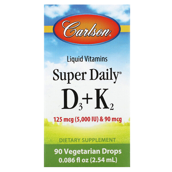 Super Daily D3 + K2, 125 мкг (5000 МЕ) & 90 мкг, 90 растительных капель, 2.54 мл - Carlson Carlson