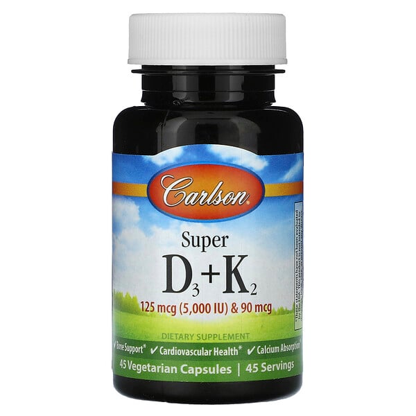 Super D3 + K2 - 125 мкг и 90 мкг - 90 вегетарианских капсул - Carlson Carlson