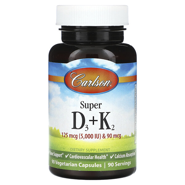 Super D3 + K2 - 125 мкг и 90 мкг - 90 вегетарианских капсул - Carlson Carlson