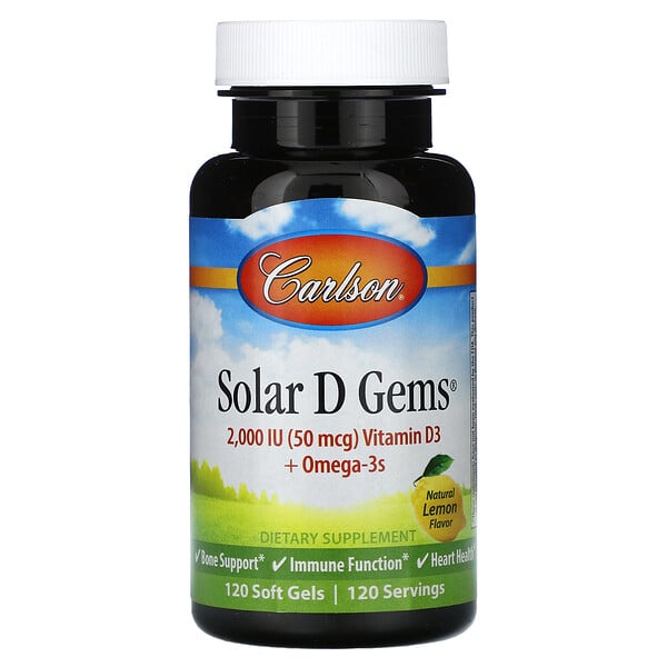 Solar D Gems, Натуральный лимон, 50 мкг (2000 МЕ), 120 мягких капсул - Carlson Carlson