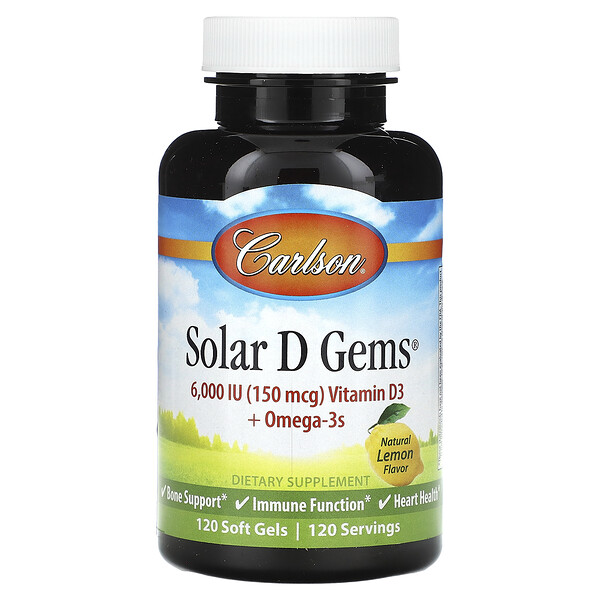 Solar D Gems, Натуральный лимон, 150 мкг (6000 МЕ), 120 мягких таблеток Carlson