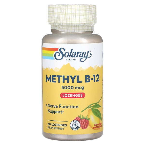 Метил B-12, со вкусом лимона и малины, 5000 мкг, 60 пастилок Solaray