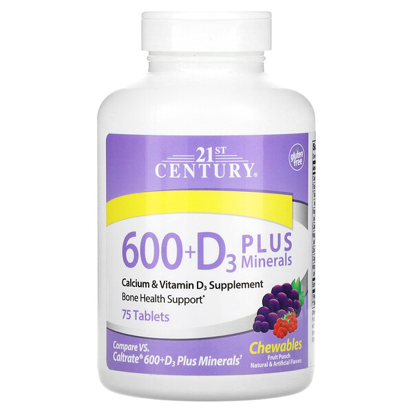 600 + D3 Plus Minerals, фруктовый пунш, 75 жевательных таблеток 21st Century