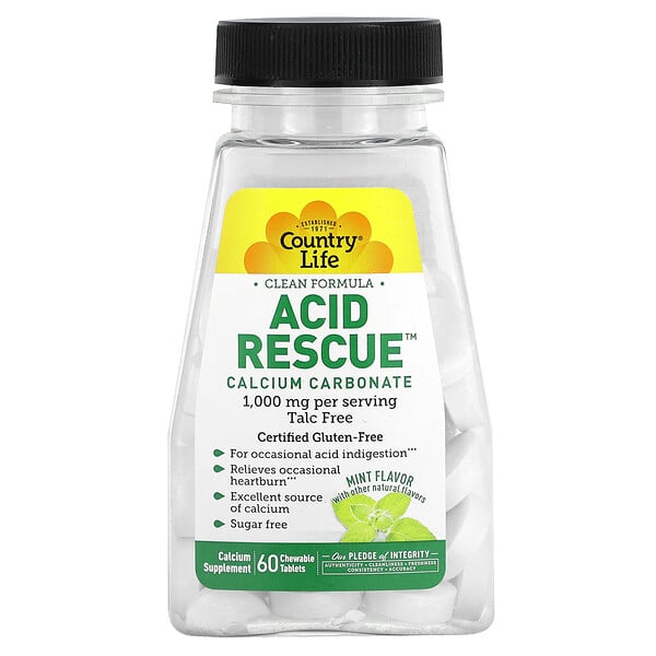 Acid Rescue, Карбонат кальция, мята, 1000 мг, 60 жевательных таблеток (500 мг на таблетку) Country Life