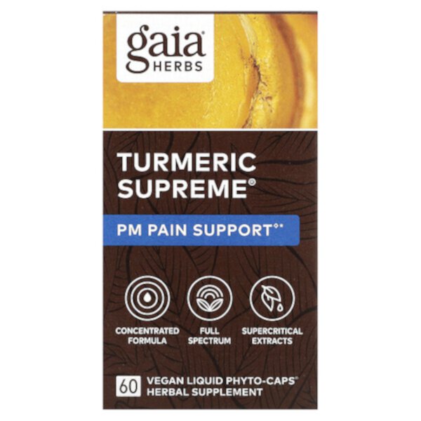 Turmeric Supreme, Средство от боли в вечернее время, 60 веганских жидких фитокапсул Gaia Herbs