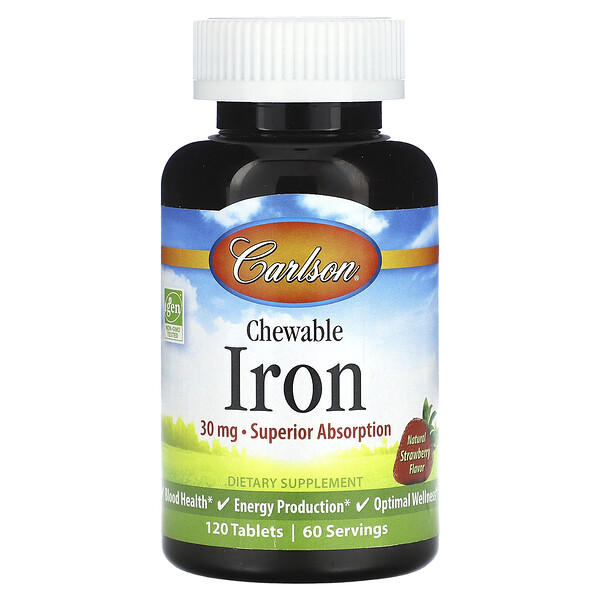 Жевательное Железо, Натуральная Клубника, 30 мг (15 мг на таблетку) - 120 таблеток - Carlson Carlson