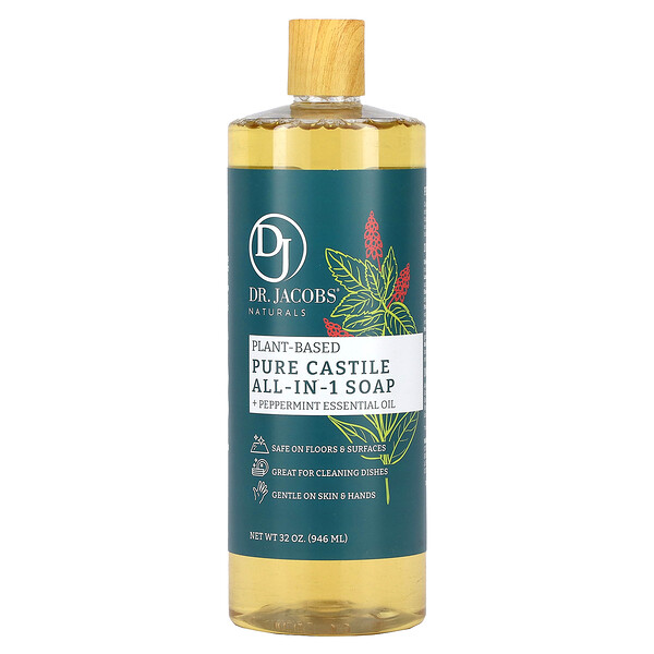 Чистое кастильское универсальное мыло на растительной основе, эфирное масло мяты перечной, 32 унции (946 мл) Dr. Jacobs Naturals