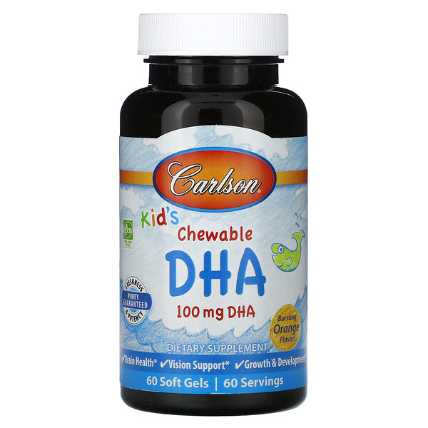 Детская жевательная добавка DHA, взрывной апельсин, 100 мг, 60 мягких таблеток Carlson