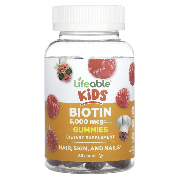 Детские жевательные таблетки с биотином, натуральная малина, 5000 мкг, 60 жевательных таблеток (2500 мкг на жевательную конфету) Lifeable