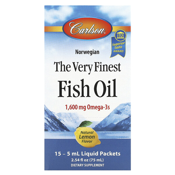 Norwegian The Very Finest Fish Oil, натуральный лимон, 1600 мг, 15 пакетиков с жидкостью по 0,17 жидкой унции (5 мл) каждый Carlson