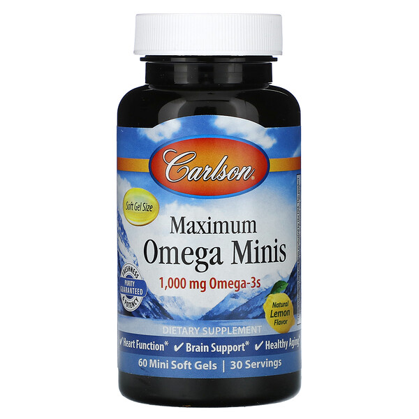 Maximum Omega Minis, Натуральный лимон, 500 мг, 60 мягких мини-желатиновых капсул Carlson