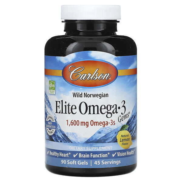 Wild Norwegian Elite Omega-3 Gems, Natural Lemon, 800 mg, 90 Soft Gels Carlson
