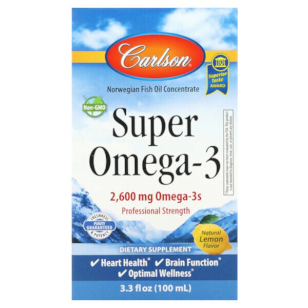 Супер Омега-3, натуральный лимон, 2600 мг, 3,3 жидких унции (100 мл) Carlson