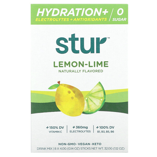 Смесь для питья «Увлажнение + электролиты + антиоксиданты», лимон-лайм, 8 палочек по 0,14 унции (4 г) каждая Stur