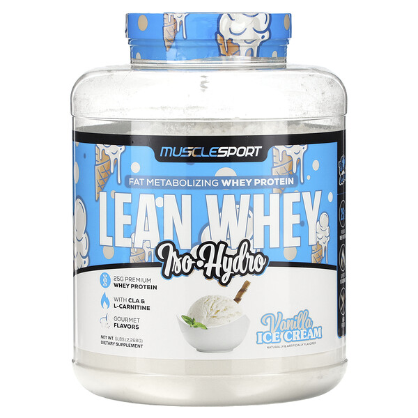Lean Whey, Iso-Hydro, ванильное мороженое, 5 фунтов (2268 г) MuscleSport