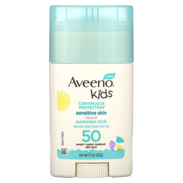 Kids, Sensitive Skin Sunscreen Stick, SPF 50, Fragrance-Free, 1.5 oz (42 g) Aveeno