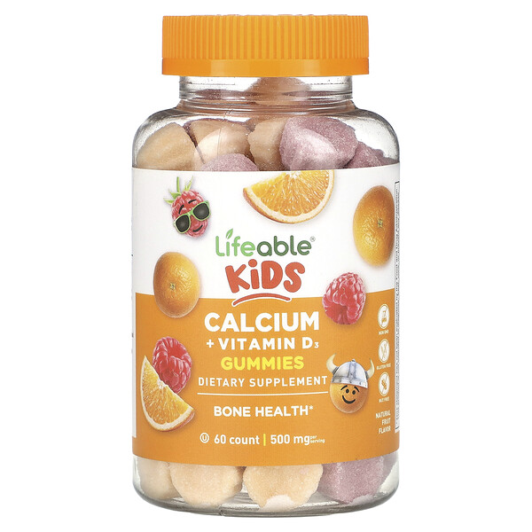 Детские жевательные конфеты с кальцием и витамином D3, натуральные фрукты, 500 мг, 60 жевательных конфет (250 мг на жевательную конфету) Lifeable