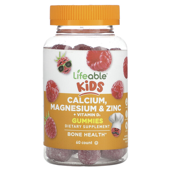 Детские жевательные конфеты с кальцием, магнием и цинком + витамином D3, натуральная малина, 60 жевательных конфет Lifeable