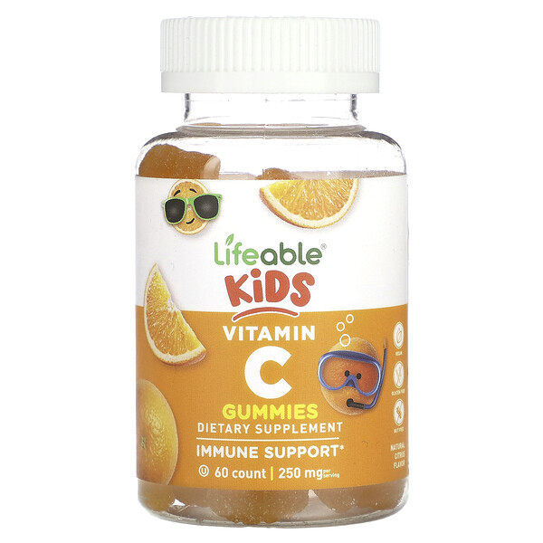 Детские жевательные конфеты с витамином С, натуральные цитрусовые, 250 мг, 60 жевательных конфет (125 мг на жевательную конфету) Lifeable