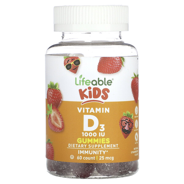 Детские жевательные конфеты с витамином D3, натуральная клубника, 25 мкг (1000 МЕ), 60 жевательных таблеток Lifeable