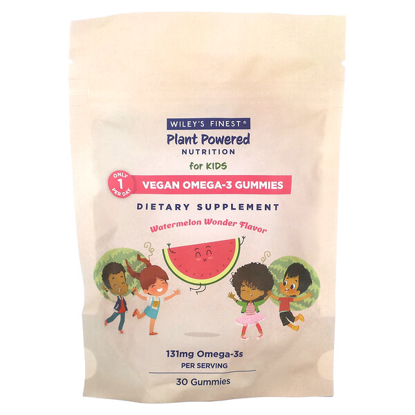 Plant Powered Nutrition, Веганские жевательные конфеты с омега-3, для детей, арбузное чудо, 131 мг, 30 жевательных конфет Wiley's Finest