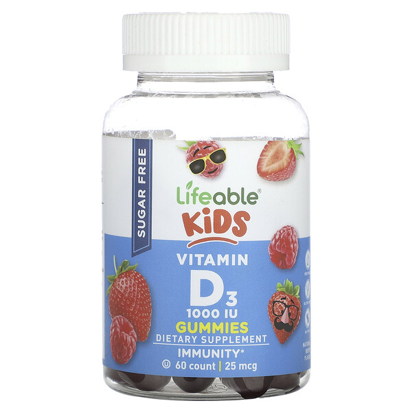 Детские жевательные конфеты с витамином D3, без сахара, натуральные ягоды, 25 мкг (1000 МЕ), 60 жевательных таблеток Lifeable