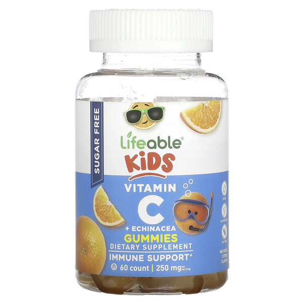 Детские жевательные конфеты с витамином С и эхинацеей, натуральные цитрусовые, 125 мг, 60 жевательных таблеток Lifeable