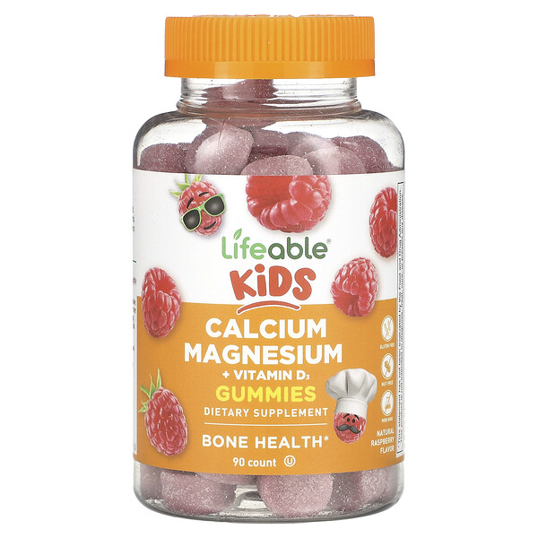 Детские жевательные конфеты с кальцием, магнием и витамином D3, натуральная малина, 90 жевательных конфет Lifeable