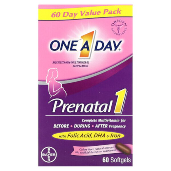 Prenatal 1 с фолиевой кислотой, DHA и железом, 60 мягких таблеток One-A-Day