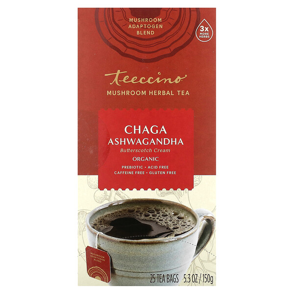 Organic Mushroom Herbal Tea, Chaga Ashwagandha, Butterscotch Cream, Caffeine Free, 25 Tea Bags, 5.3 oz (150 g) Teeccino