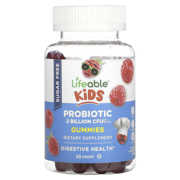 Детские жевательные таблетки с пробиотиками, натуральная малина, 1 миллиард КОЕ, 60 жевательных конфет Lifeable