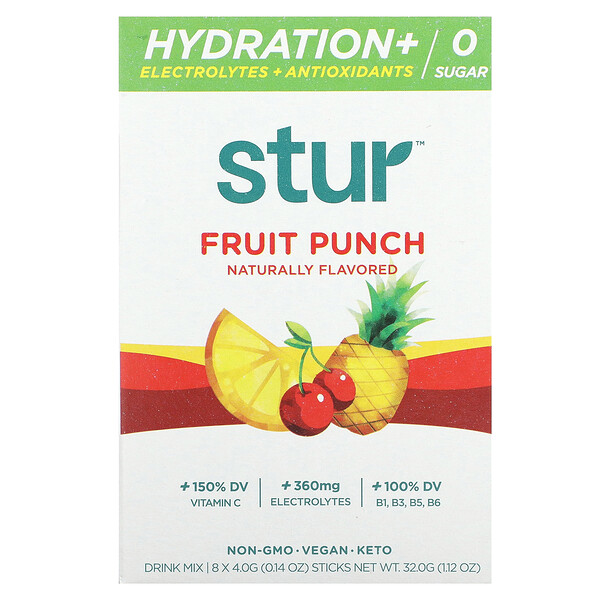Смесь для питья «Увлажнение + электролиты + антиоксиданты», фруктовый пунш, 8 палочек по 0,14 унции (4 г) каждая Stur